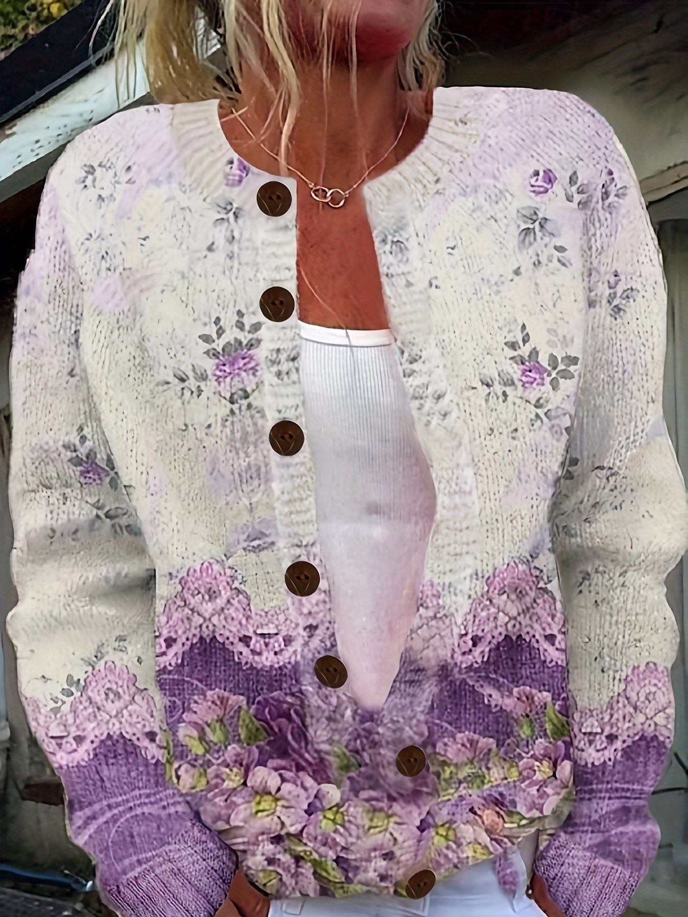 Women Vintage Spring/Fall 3D Printing Daily Long Sleeve Crew Neck H-Line Regular Cardigans