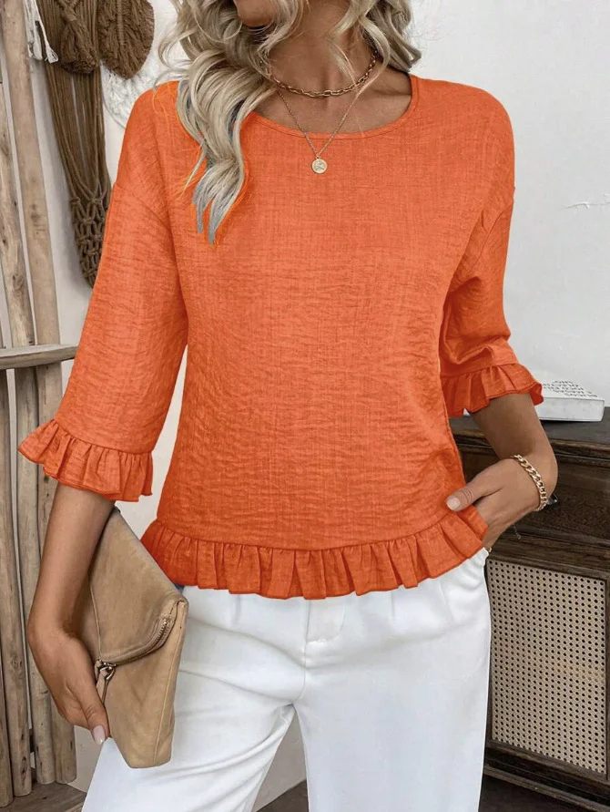 Crew Neck Simple Plain Bell Sleeve Loose Shirt