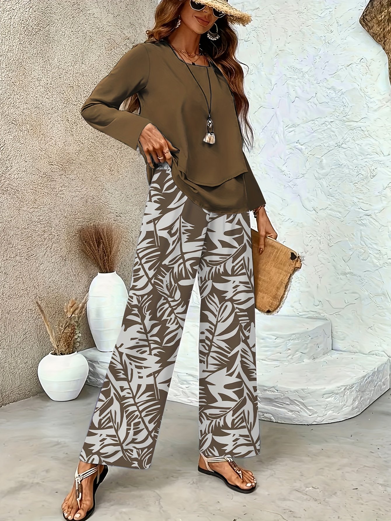 Square Neck Casual Botanical Pattern Loose Two-Piece Set