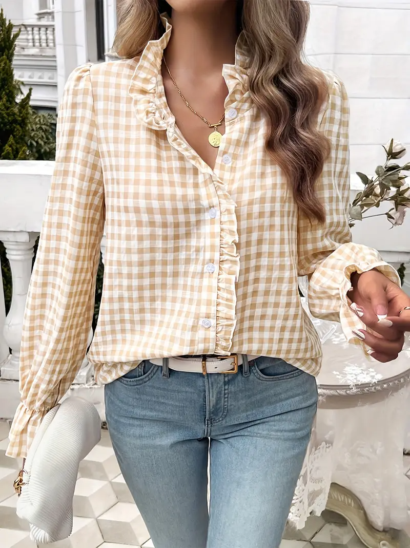 Temperamental And Simple French Style Ruffled Long-Sleeved Plaid Shirt