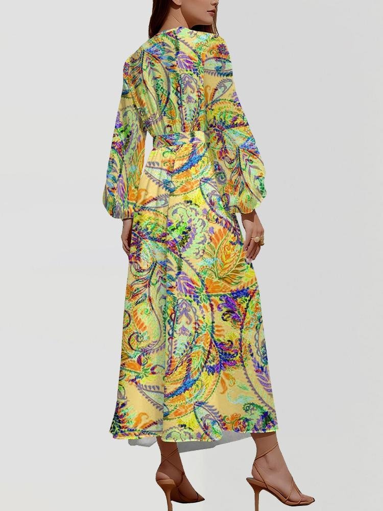 Regular Fit Paisley Puff Sleeve Semi Formal Dress