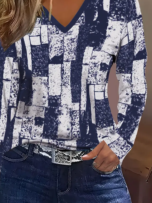 Women's Long Sleeve T-shirt Spring/Fall Purplish blue Abstract Printing Jersey V Neck Daily Going Out Casual Top