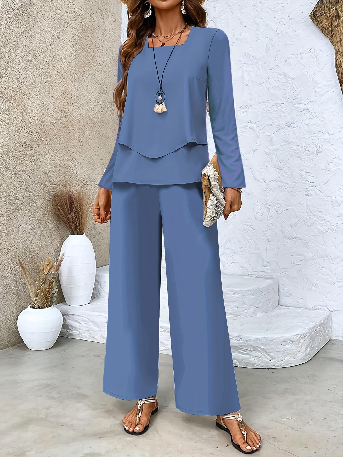 Square Neck Street Plain Loose Two-Piece Set