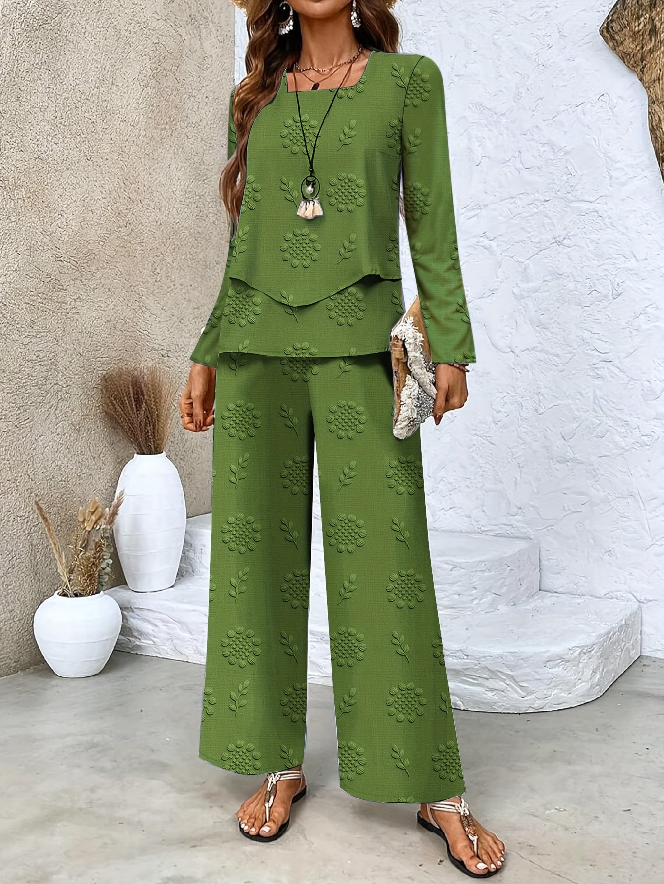 Botanical Pattern Street Square Neck Two-Piece Set