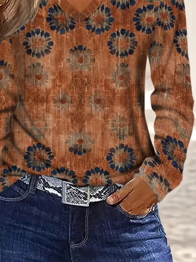 Women's Long Sleeve T-shirt Spring/Fall Yellow Brown Abstract Printing Jersey V Neck Daily Going Out Casual Top