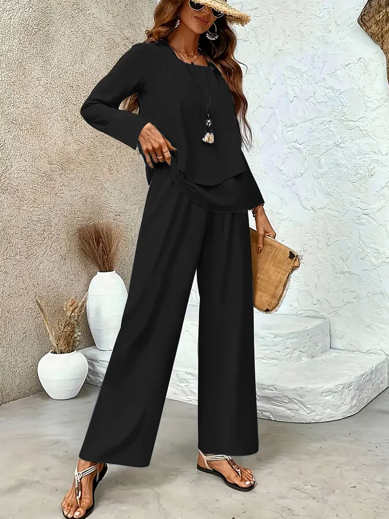 Square Neck Street Plain Loose Two-Piece Set