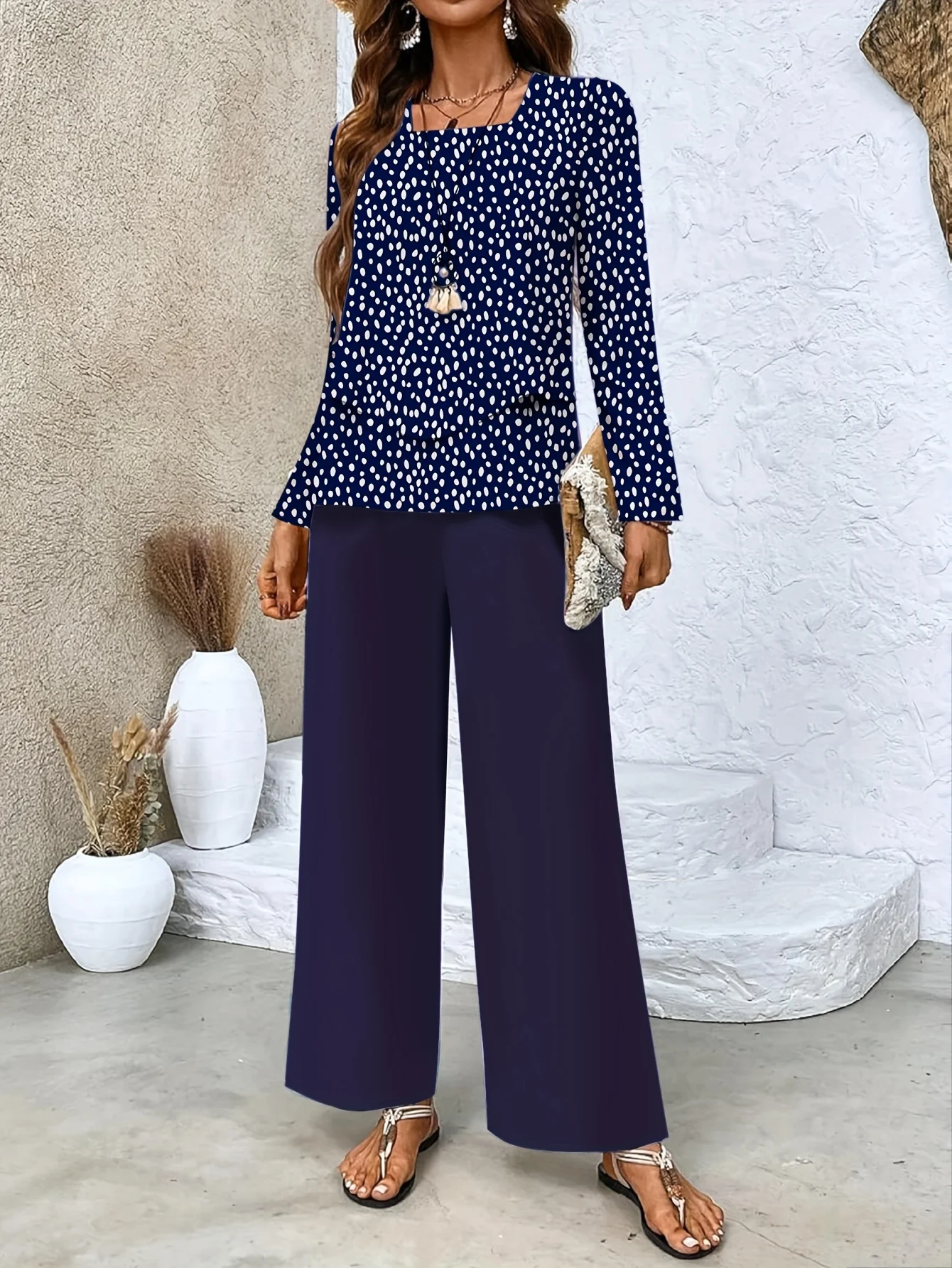 Square Neck Simple Polka Dots Two-Piece Set