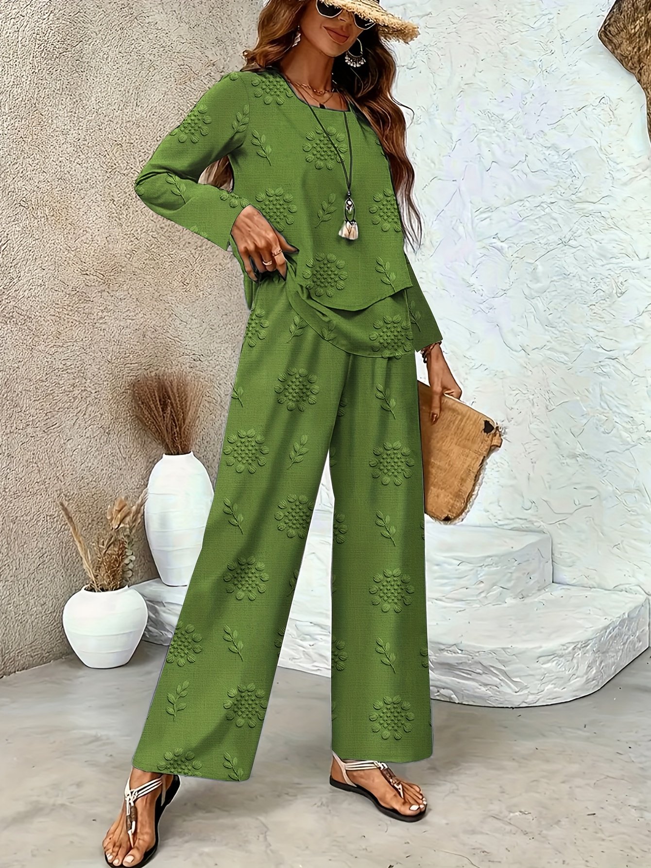 Botanical Pattern Street Square Neck Two-Piece Set