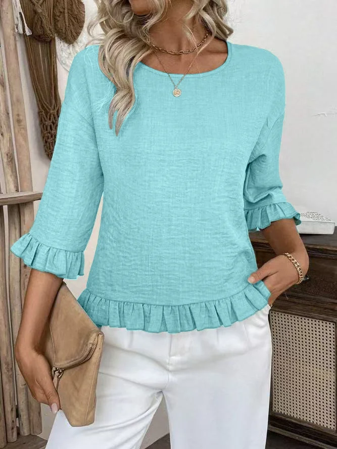 Crew Neck Simple Plain Bell Sleeve Loose Shirt