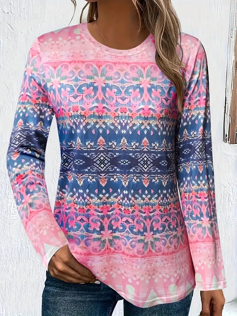 Women's Long Sleeve T-shirt Spring/Fall Pink Floral Printing Jersey Crew Neck Daily Going Out Casual Top