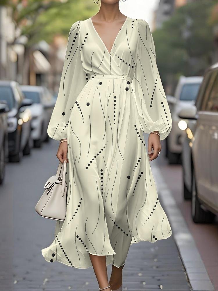 Abstract Polka Dots V Neck Sexy Puff Sleeve Regular Fit Dress