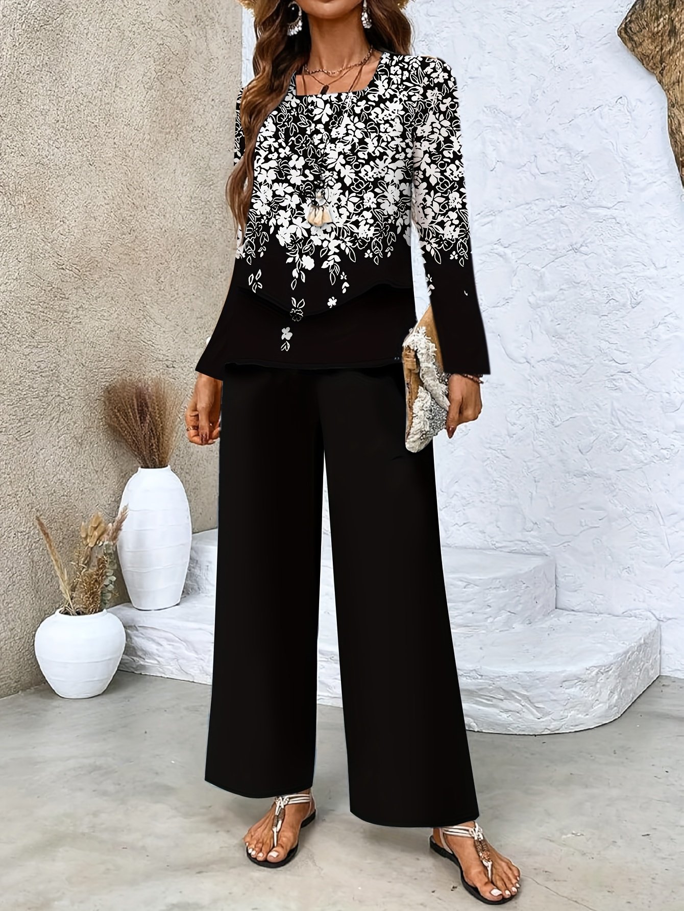 Loose Gradient Pattern Street Square Neck Two-Piece Set
