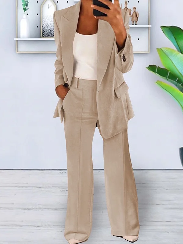 Women's Buckle Plain Daily Going Out Two-Piece Set Blue Casual Spring/Fall Coat With Pants Matching Set