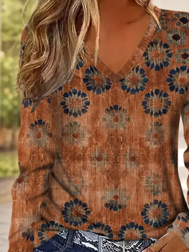 Women's Long Sleeve T-shirt Spring/Fall Yellow Brown Abstract Printing Jersey V Neck Daily Going Out Casual Top
