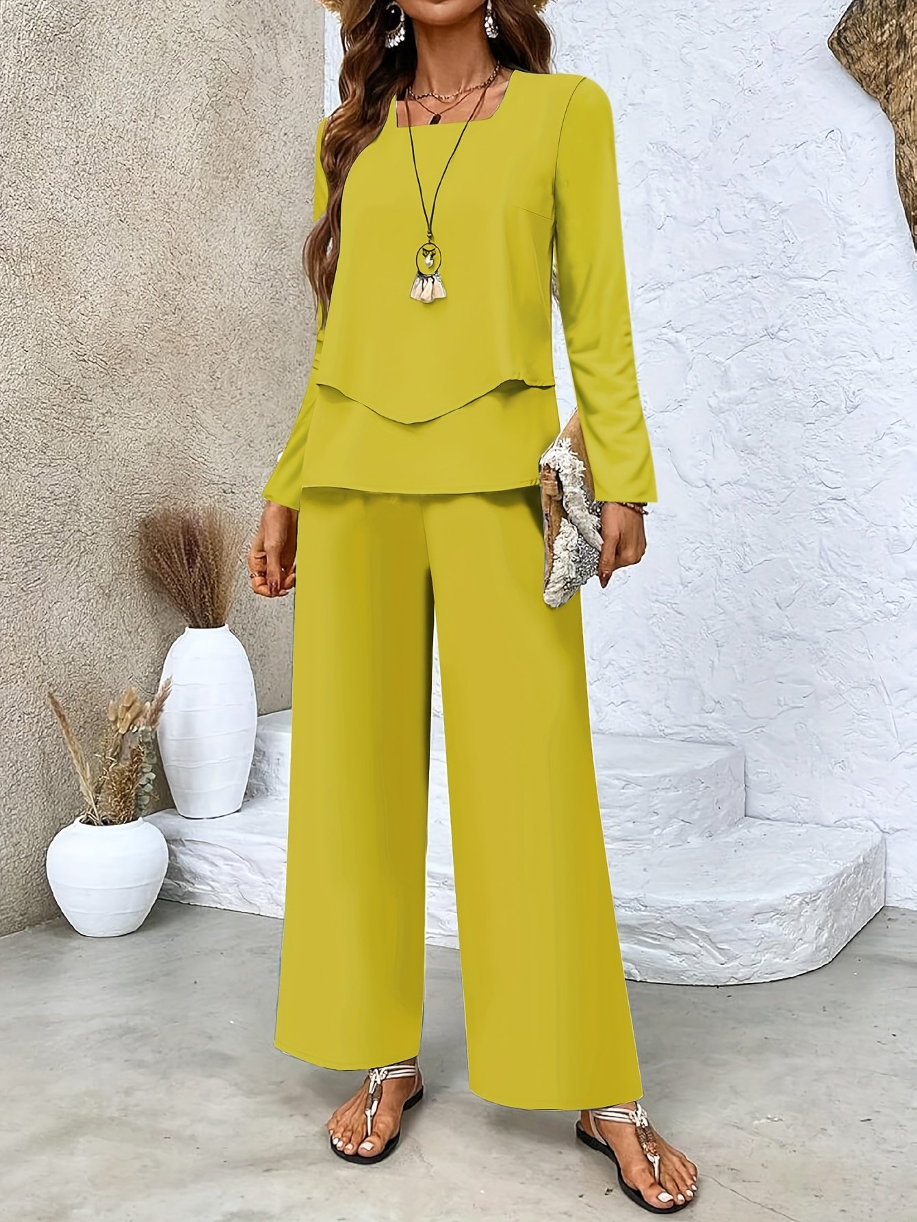 Square Neck Street Plain Loose Two-Piece Set