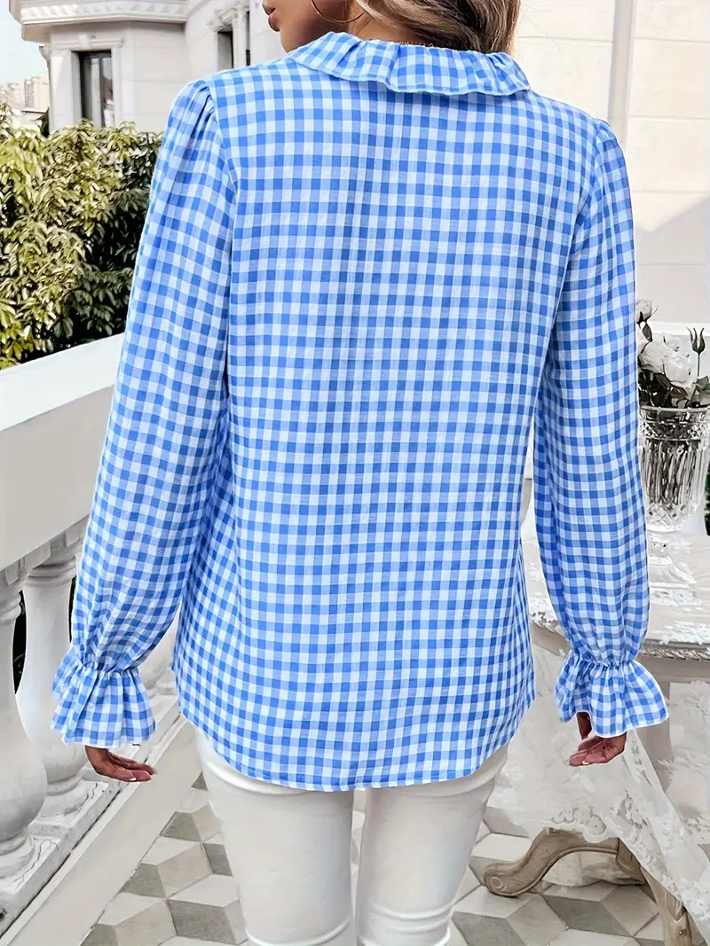 Temperamental And Simple French Style Ruffled Long-Sleeved Plaid Shirt