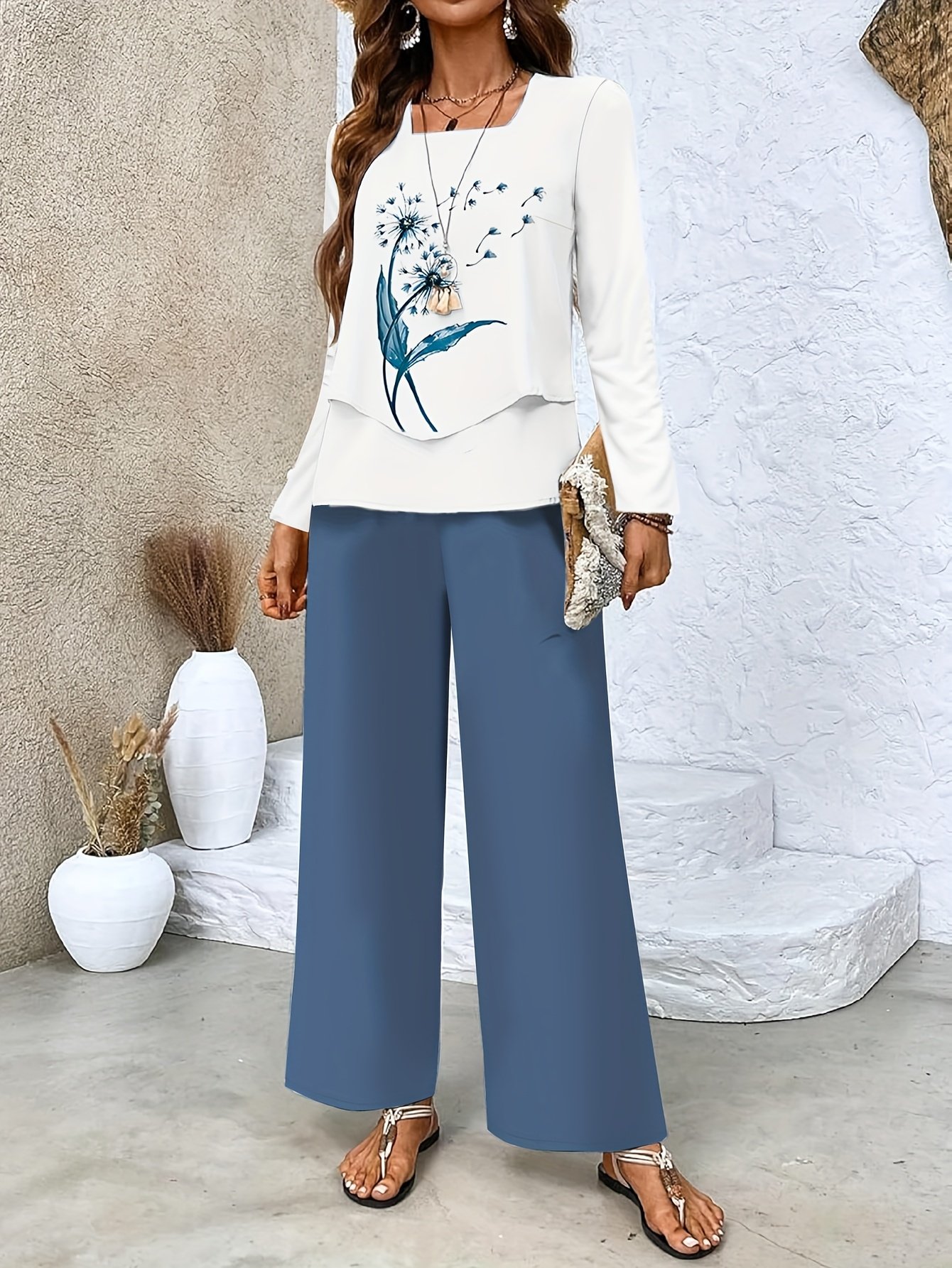 Loose Simple Square Neck Dandelion Two-Piece Set