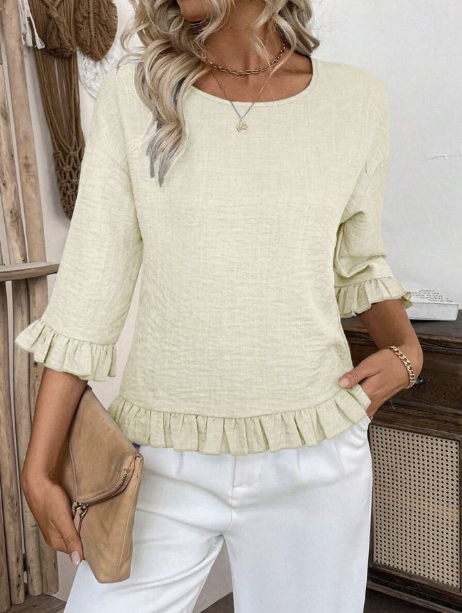 Crew Neck Simple Plain Bell Sleeve Loose Shirt