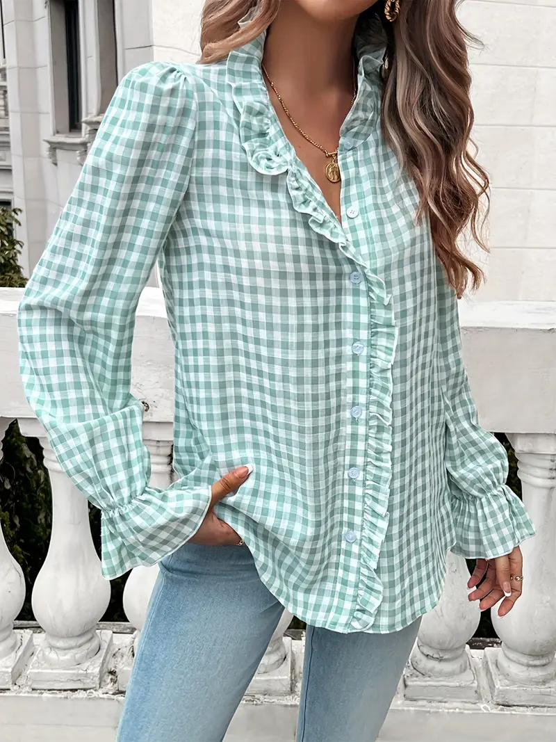 Temperamental And Simple French Style Ruffled Long-Sleeved Plaid Shirt