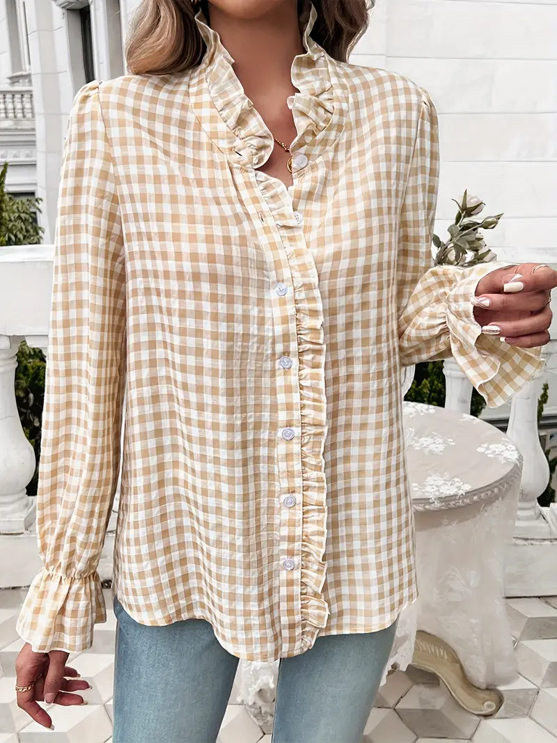 Temperamental And Simple French Style Ruffled Long-Sleeved Plaid Shirt