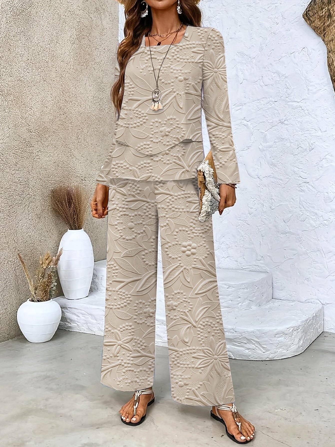 Casual Loose Floral Square Neck Two-Piece Set