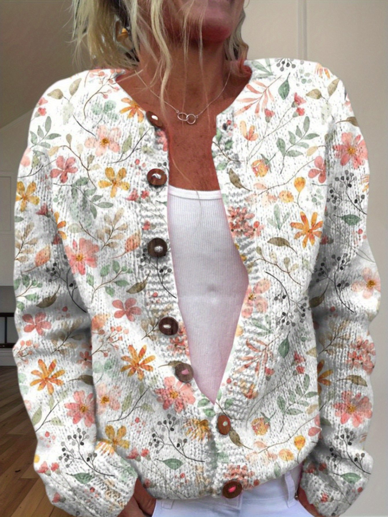 Women Vintage Spring/Fall 3D Printing Daily Long Sleeve Crew Neck H-Line Regular Cardigans