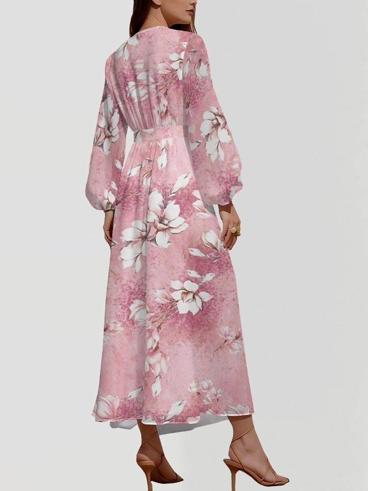 Street V Neck Floral Puff Sleeve Regular Fit Dress