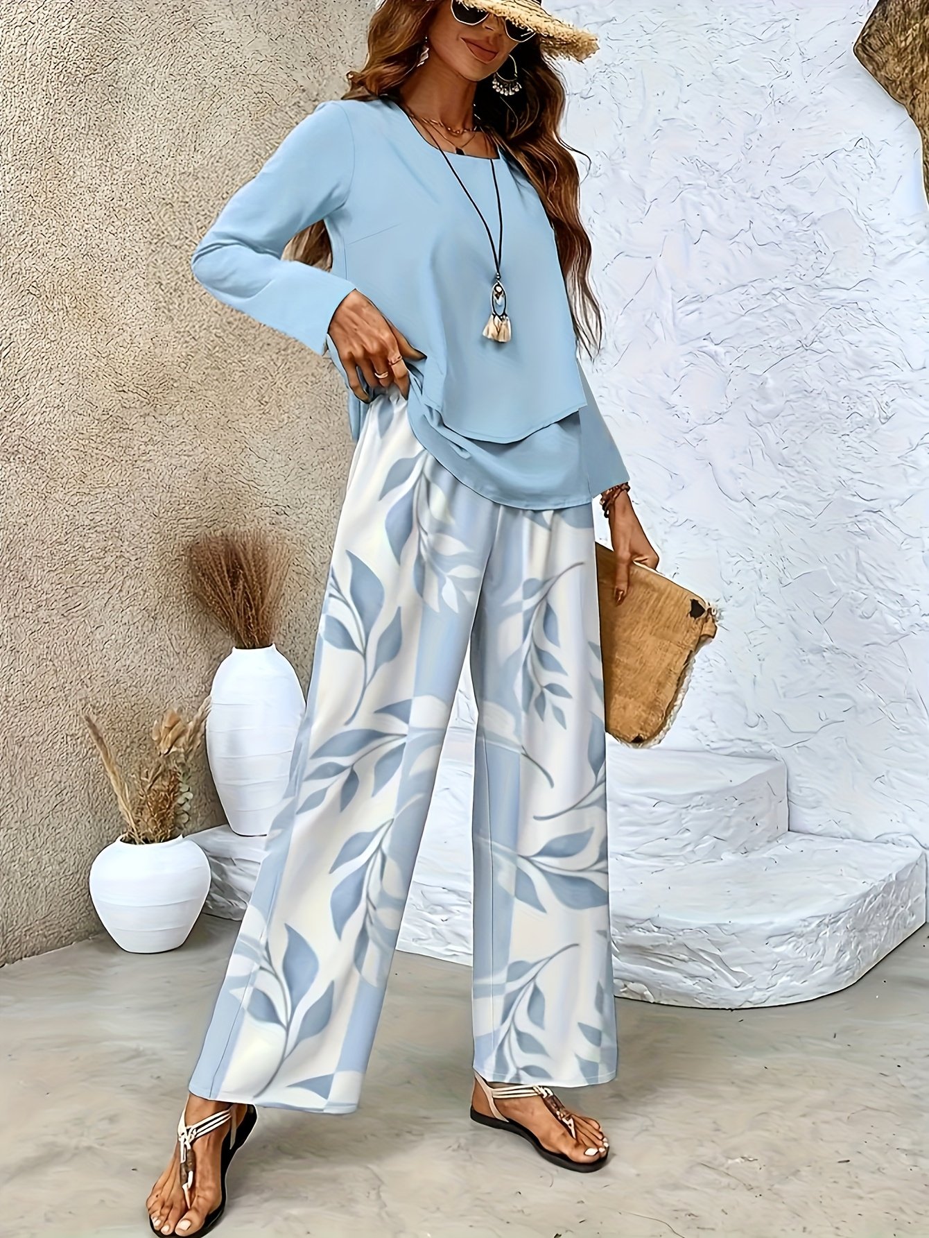 Street Square Neck Loose Geometric Two-Piece Set