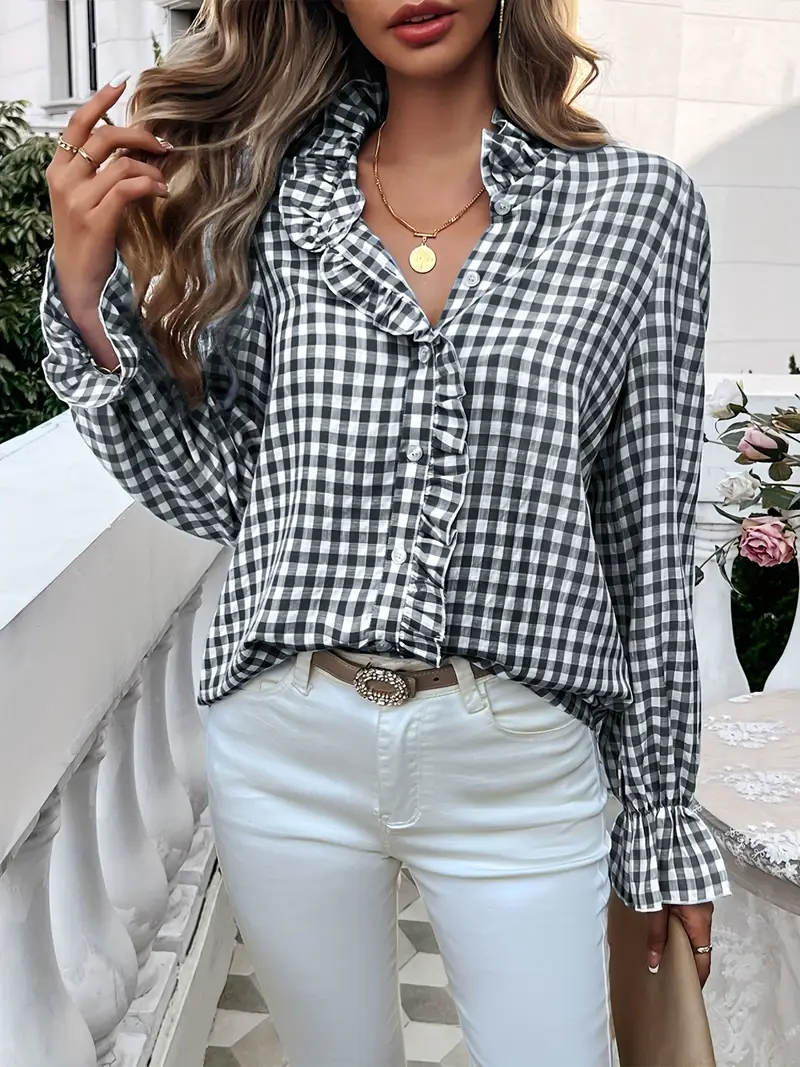 Temperamental And Simple French Style Ruffled Long-Sleeved Plaid Shirt