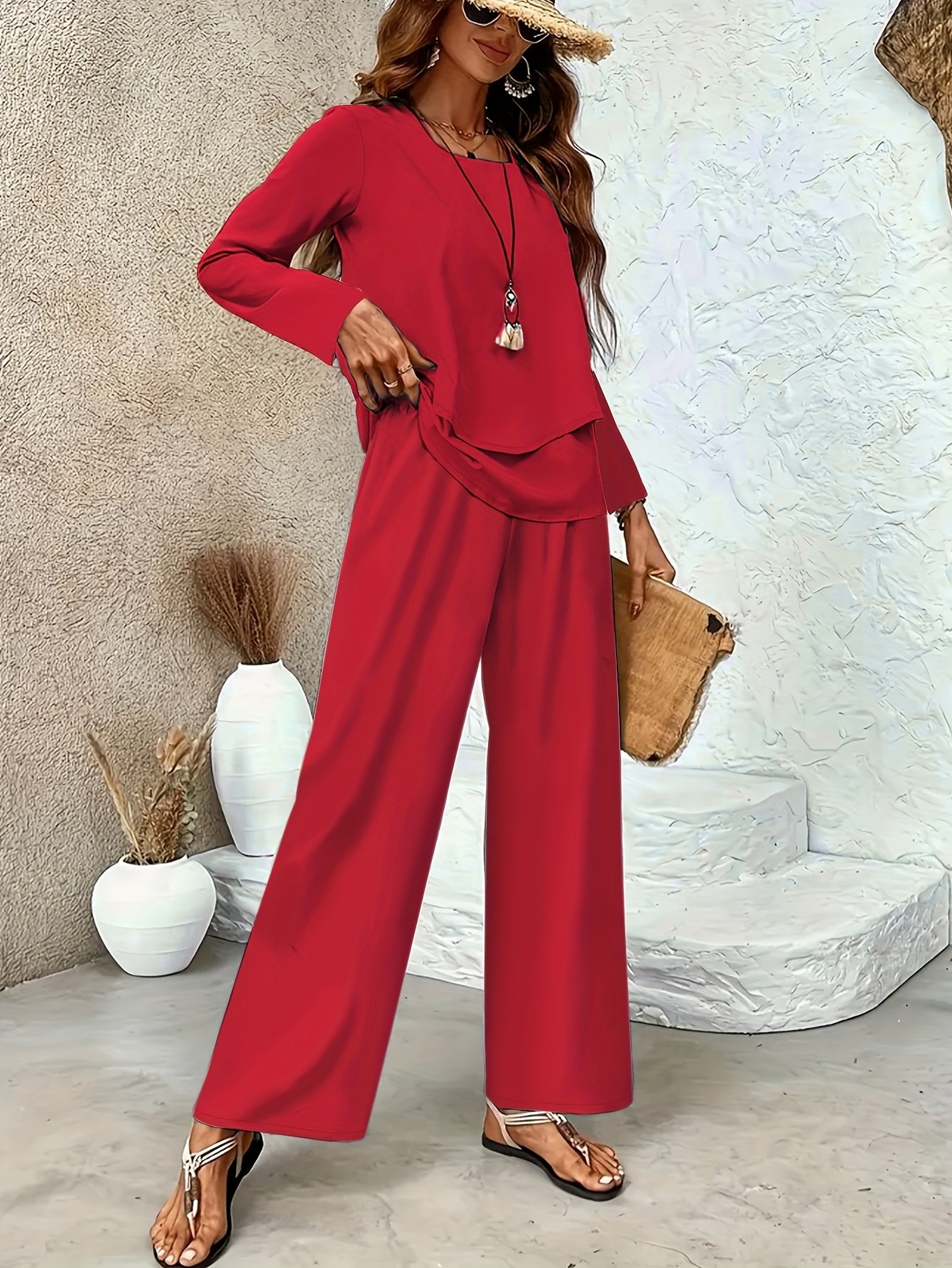 Square Neck Street Plain Loose Two-Piece Set