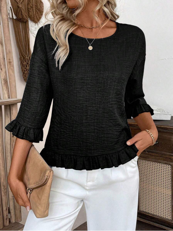 Crew Neck Simple Plain Bell Sleeve Loose Shirt