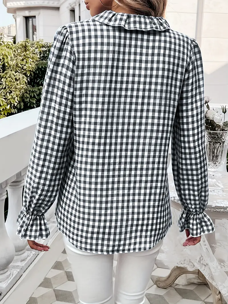 Temperamental And Simple French Style Ruffled Long-Sleeved Plaid Shirt