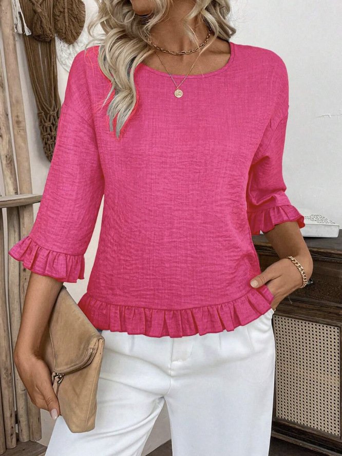 Crew Neck Simple Plain Bell Sleeve Loose Shirt