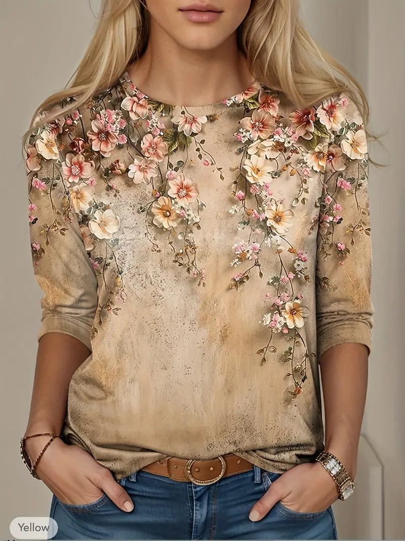 Women's Long Sleeve T-shirt Spring/Fall Khaki Floral Printing Jersey Crew Neck Daily Going Out Casual Top