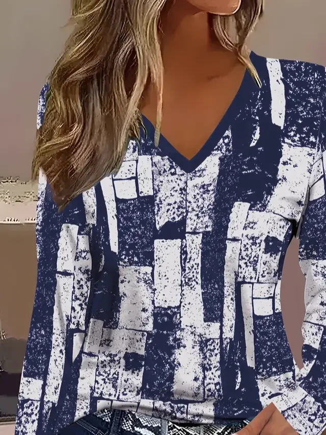 Women's Long Sleeve T-shirt Spring/Fall Purplish blue Abstract Printing Jersey V Neck Daily Going Out Casual Top