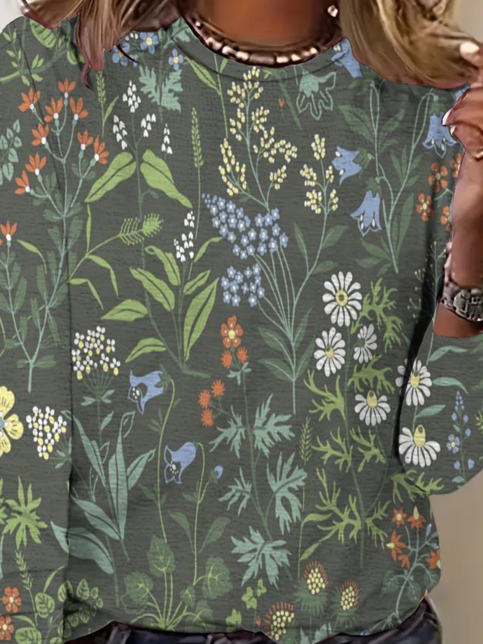 Women's Round Neck Long Sleeve Vintage Floral Casual T-Shirt