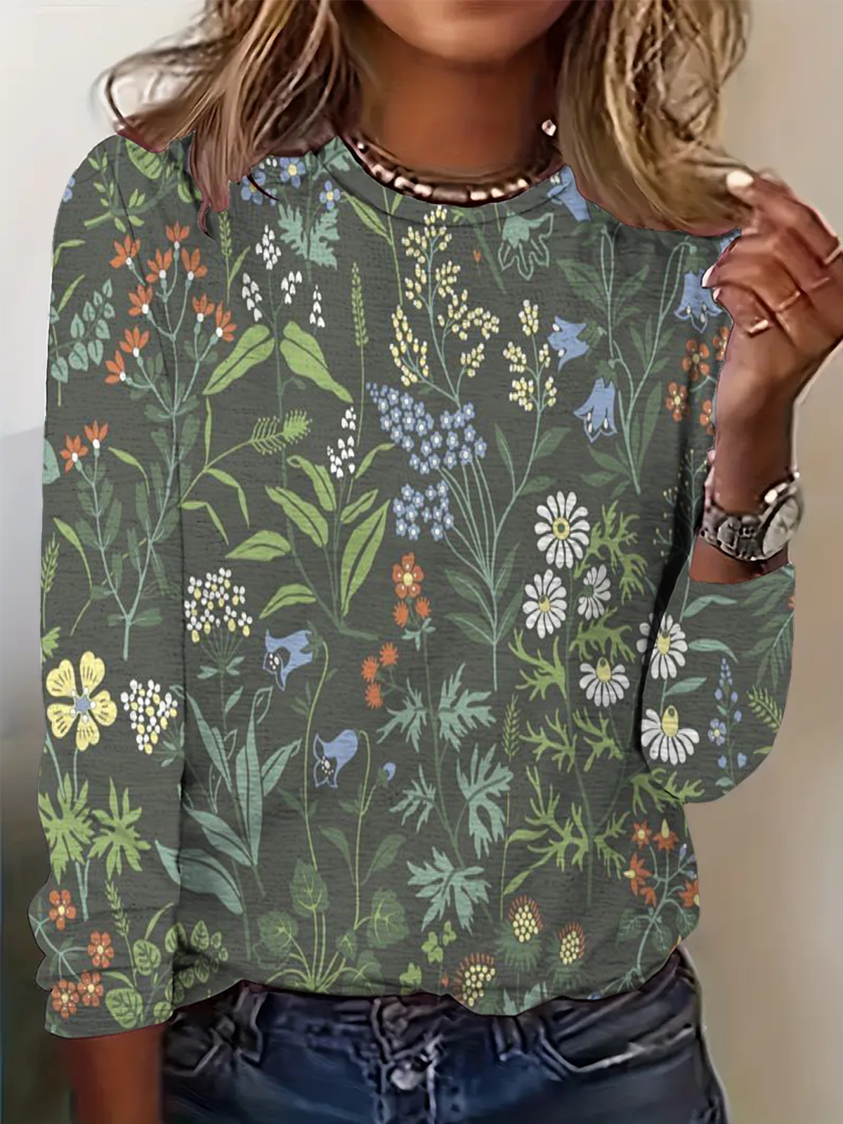 Women's Round Neck Long Sleeve Vintage Floral Casual T-Shirt