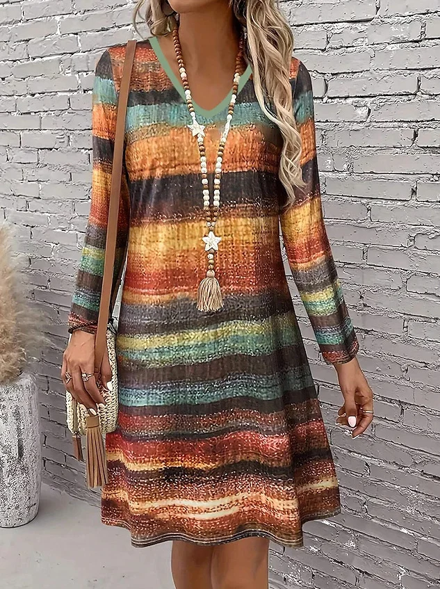 Casual Geometric V Neck Regular Fit Dress With No