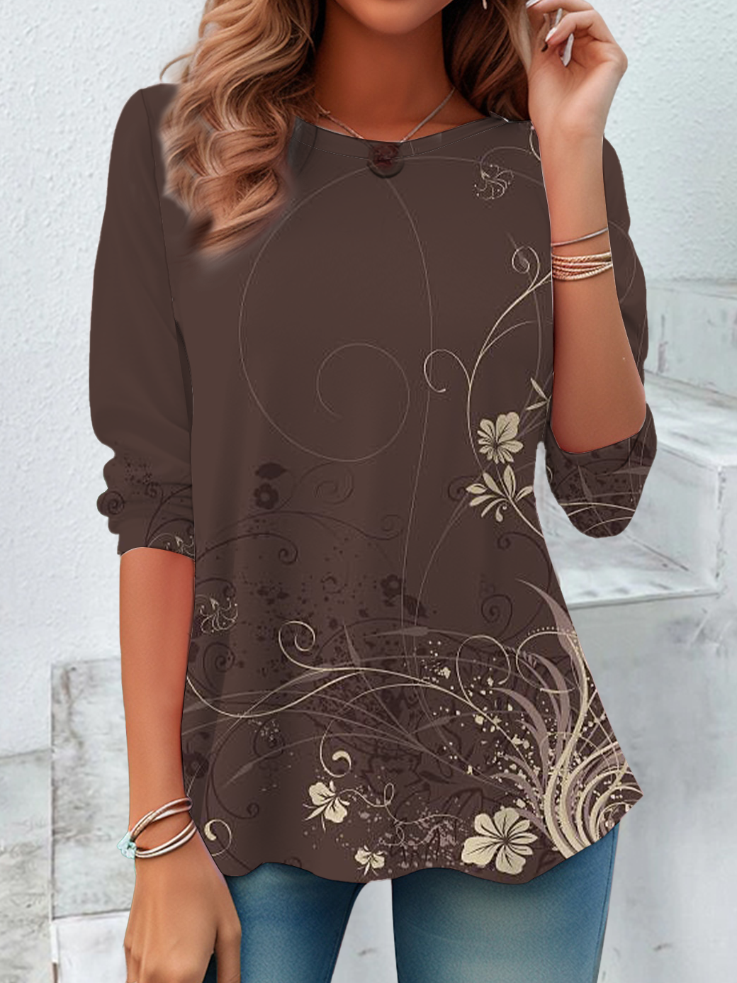 Women's Long Sleeve T-shirt Spring/Fall Brown Floral Printing Jersey Crew Neck Daily Going Out Casual Top