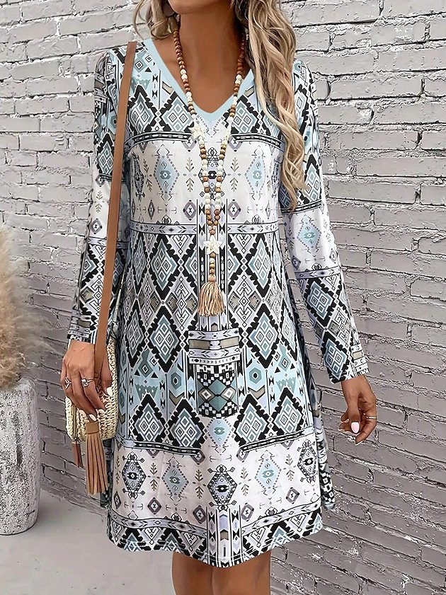 Casual Geometric V Neck Regular Fit Dress With No