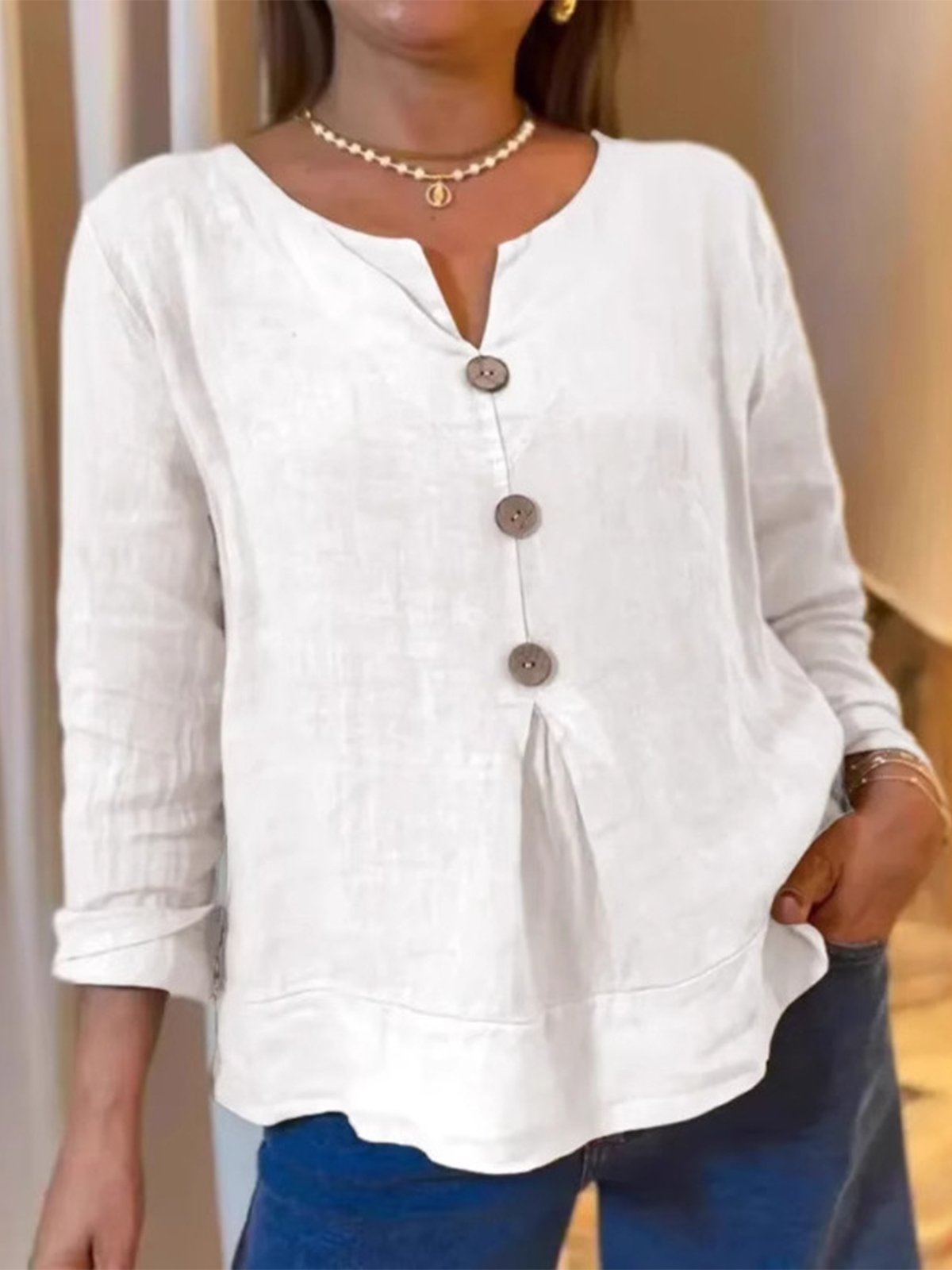 Casual Plain Buttoned V Neck Blouse