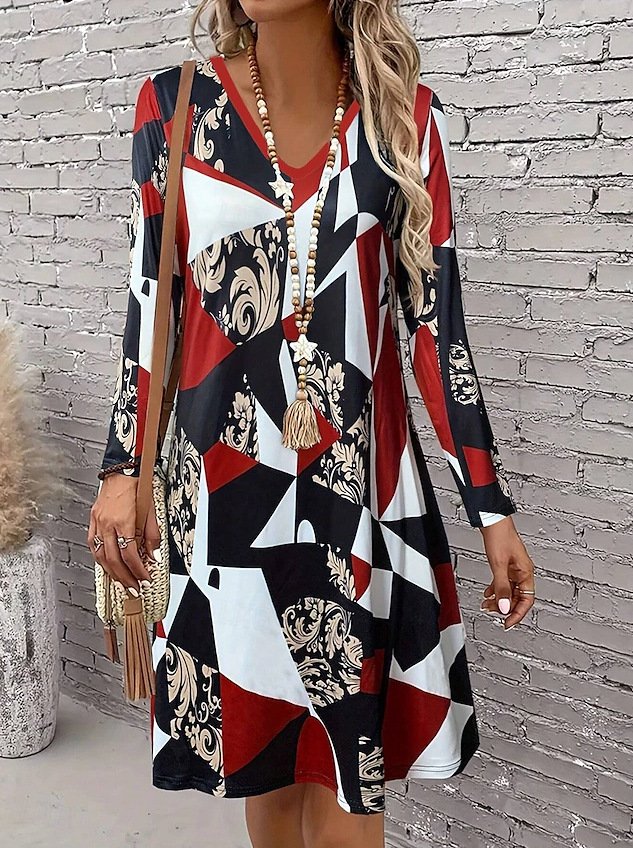 Casual Geometric V Neck Regular Fit Dress With No