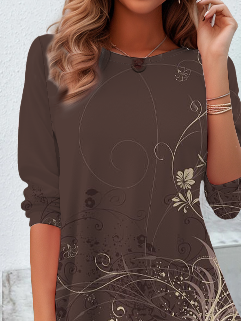 Women's Long Sleeve T-shirt Spring/Fall Brown Floral Printing Jersey Crew Neck Daily Going Out Casual Top