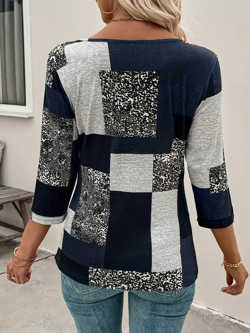 Women's Three Quarter Sleeve T-shirt Spring/Fall Purplish blue Abstract Crew Neck Daily Going Out Casual Top