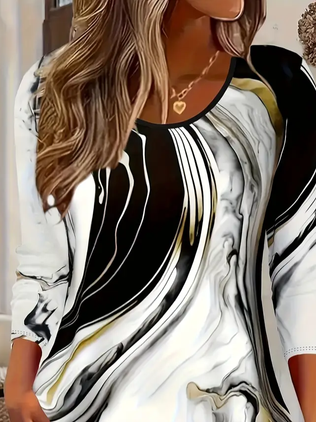 Women's Long Sleeve T-shirt Spring/Fall Black-white Abstract Printing Jersey Crew Neck Daily Going Out Casual Top