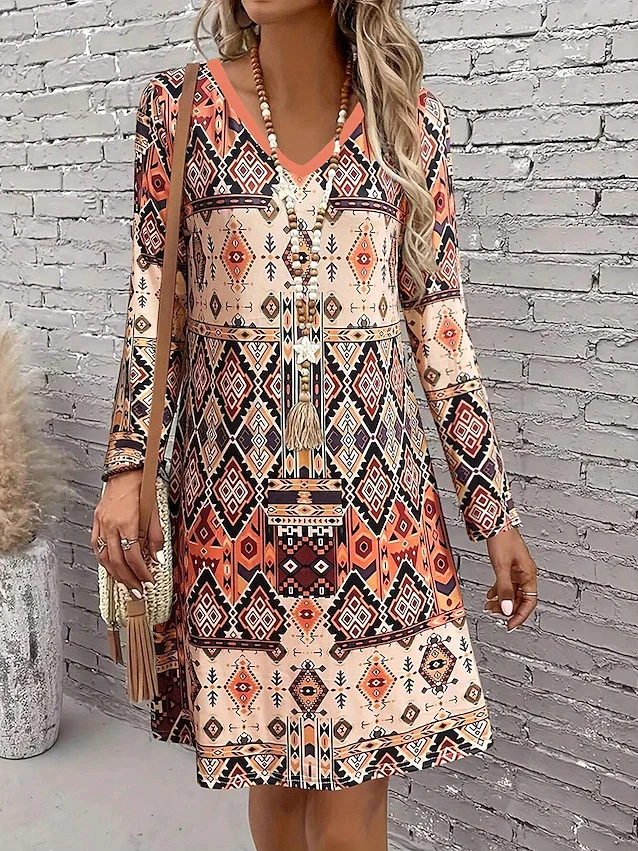 Casual Geometric V Neck Regular Fit Dress With No