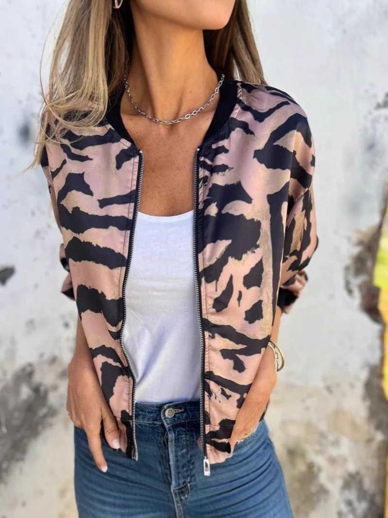 Popular Bottom Drawstring Leopard Print Thin Zipper Small Jacket