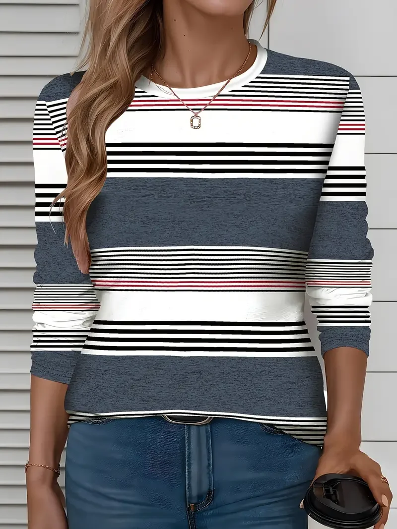 Women's Long Sleeve T-shirt Spring/Fall As Picture Striped Printing Jersey Crew Neck Daily Going Out Casual Top