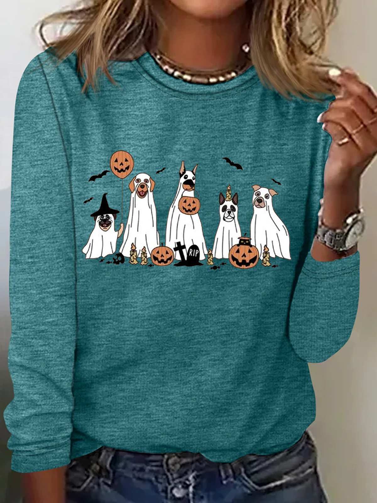 Holiday Round Neck Long Sleeve Halloween Letter Print T-Shirt