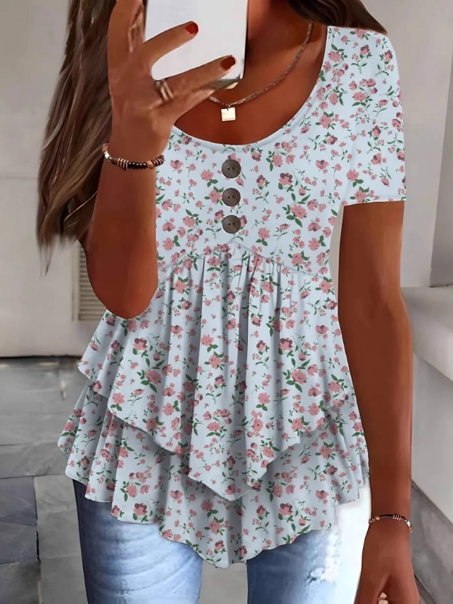 Temperament And Elegance Three-Button Casual Fake Two-Piece Printed Short-Sleeved Top